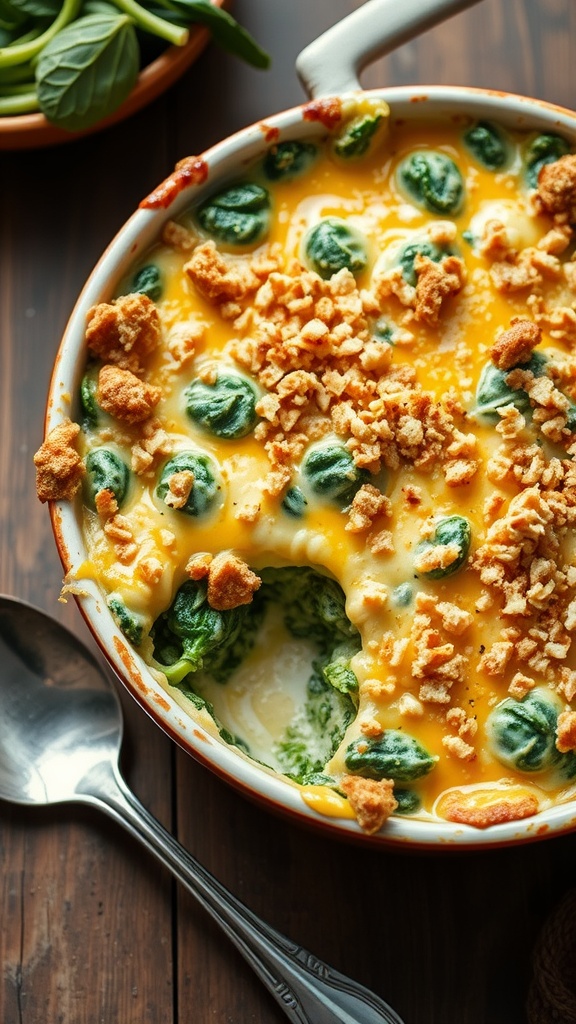 Creamy spinach gratin with golden crust, served in a rustic dish on a wooden table.